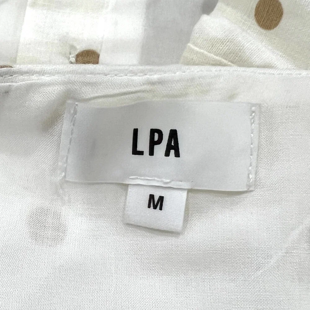 LPA Shirt Womens Medium White Linen Puff Sleeve Crop Top Button Front Polka Dot - Picture 9 of 14
